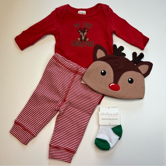 Starting Out 4PC Christmas Outfit, Red Romper, Reindeer Hat, Leggings, NB, NWT! - Picture 2 of 8